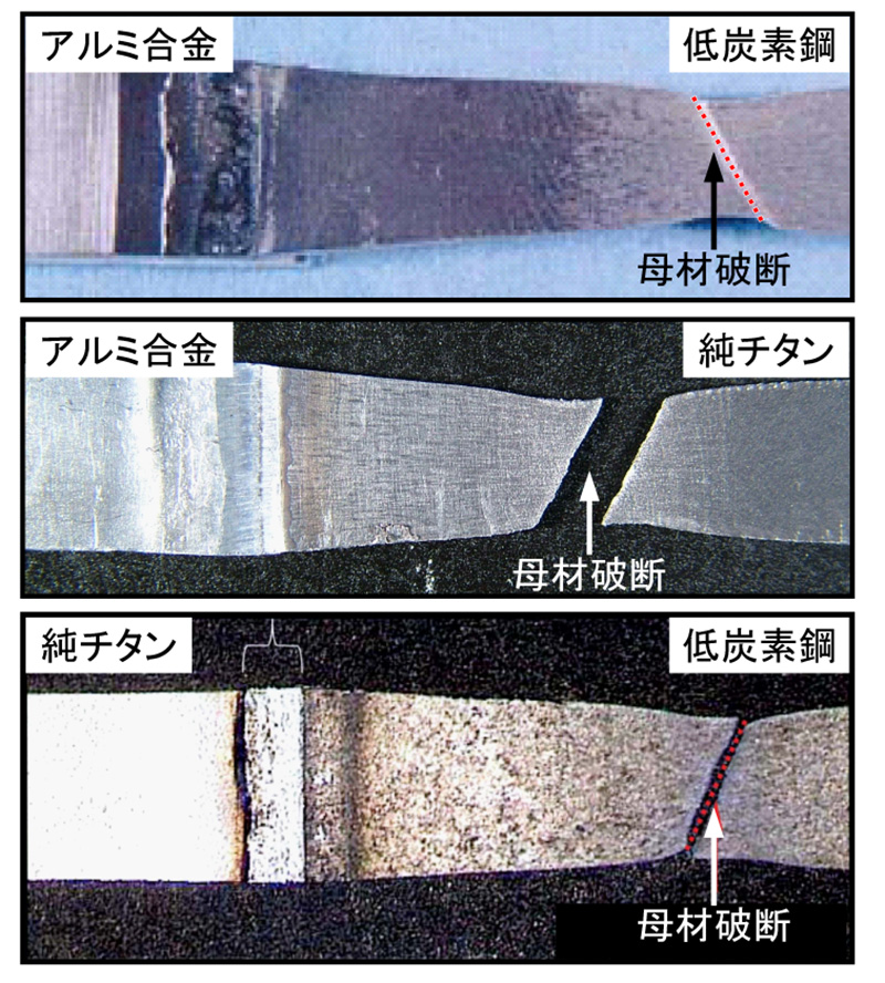 図2　各種レーザロール溶接継手の引張せん断試験後の試験片